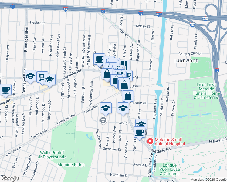 map of restaurants, bars, coffee shops, grocery stores, and more near 7 Azalea court in Metairie