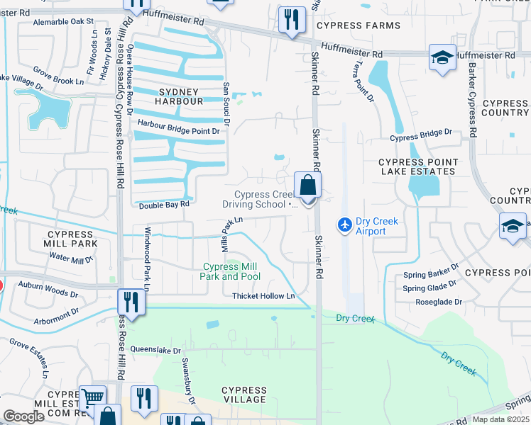 map of restaurants, bars, coffee shops, grocery stores, and more near 14931 Mills Park Lane in Cypress