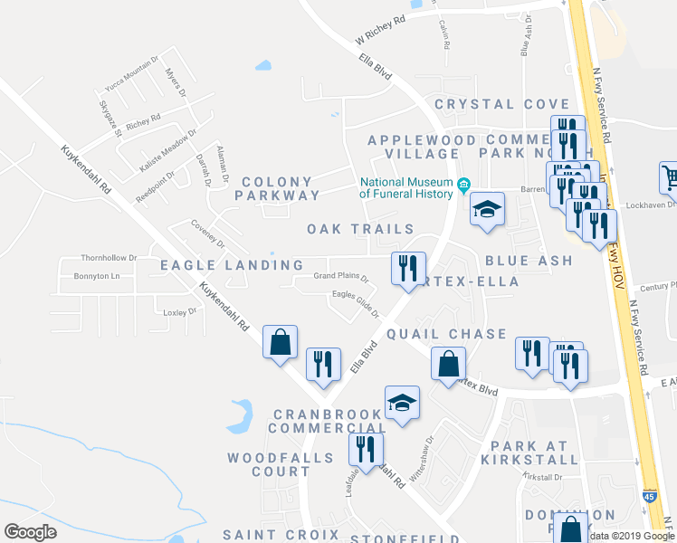 map of restaurants, bars, coffee shops, grocery stores, and more near 802 Grand Plains Drive in Houston