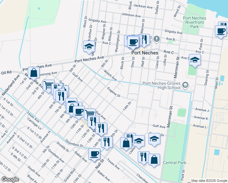map of restaurants, bars, coffee shops, grocery stores, and more near 1833 Live Oak Street in Port Neches