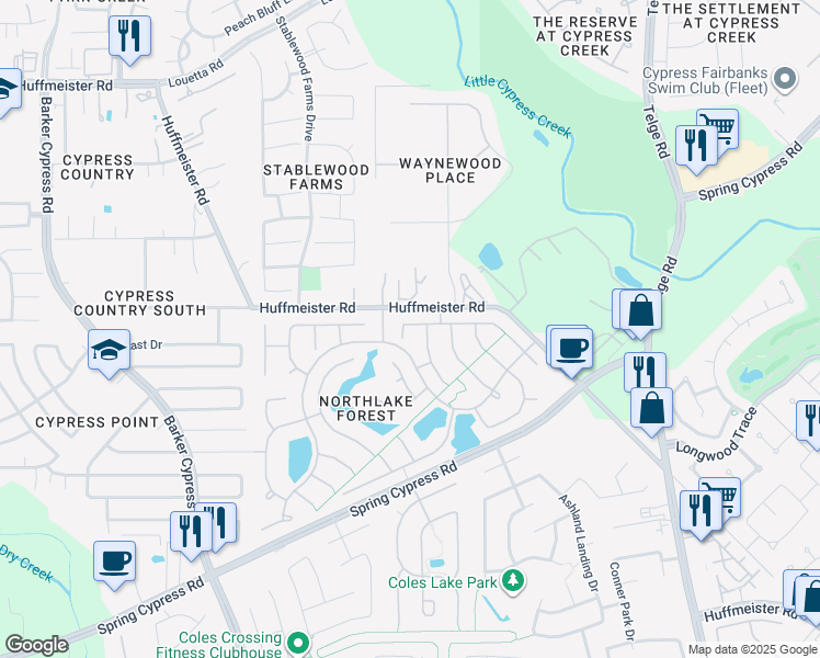 map of restaurants, bars, coffee shops, grocery stores, and more near 15911 Clear Pointe Drive in Cypress