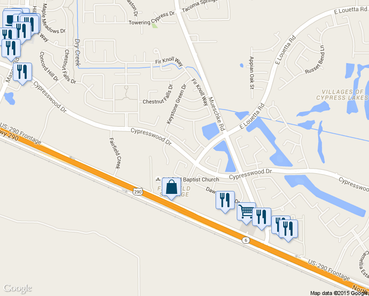 map of restaurants, bars, coffee shops, grocery stores, and more near 19531 Jackson Brook Way in Cypress
