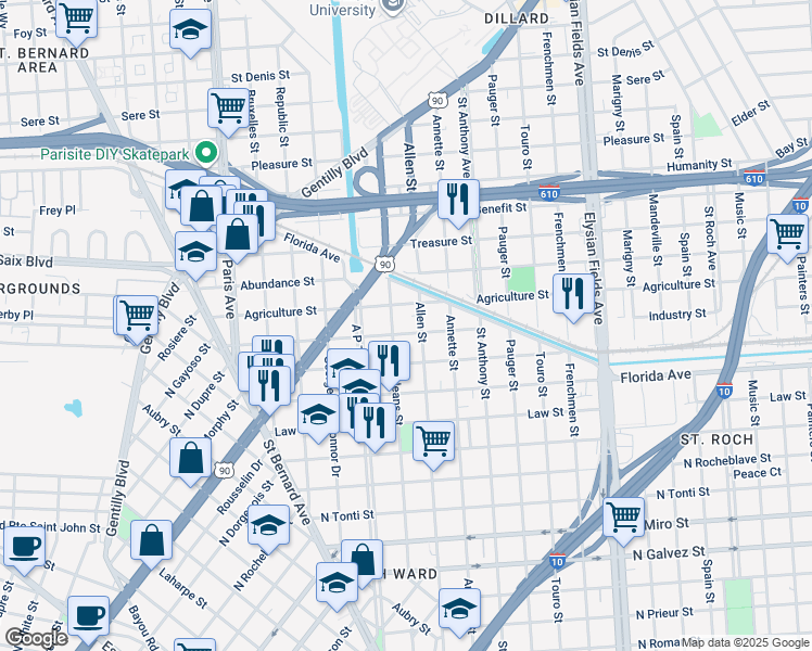 map of restaurants, bars, coffee shops, grocery stores, and more near 1863 Industry Street in New Orleans