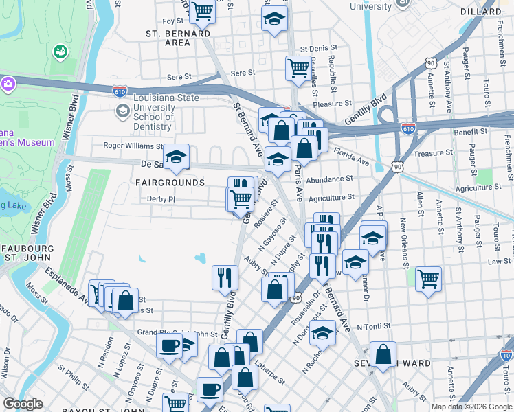 map of restaurants, bars, coffee shops, grocery stores, and more near 3010 Serantine Street in New Orleans