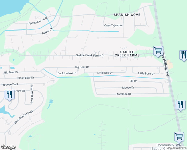 map of restaurants, bars, coffee shops, grocery stores, and more near 807 Little Doe Drive in Crosby