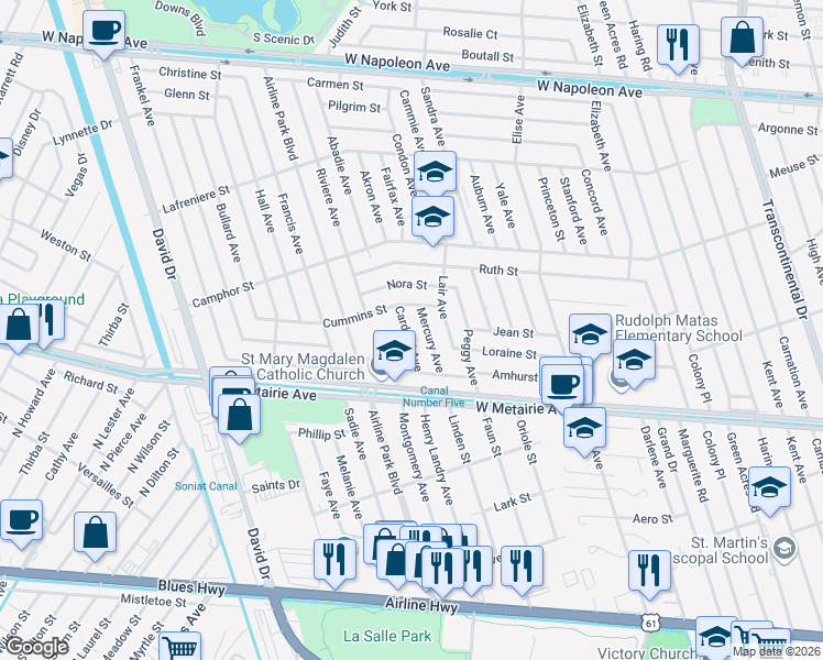 map of restaurants, bars, coffee shops, grocery stores, and more near 1201 Cardinal Avenue in Metairie