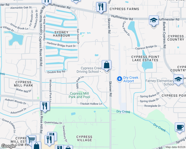 map of restaurants, bars, coffee shops, grocery stores, and more near 14935 Mills Park Lane in Cypress