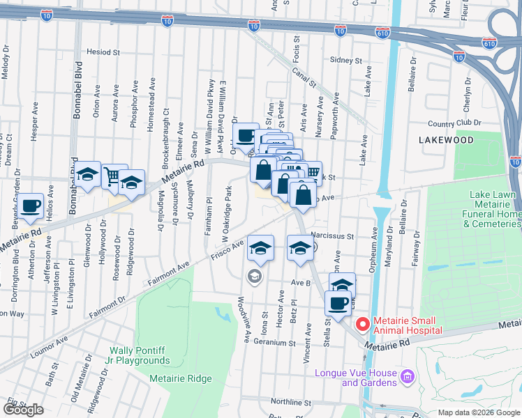 map of restaurants, bars, coffee shops, grocery stores, and more near 3 Central Dr in Metairie