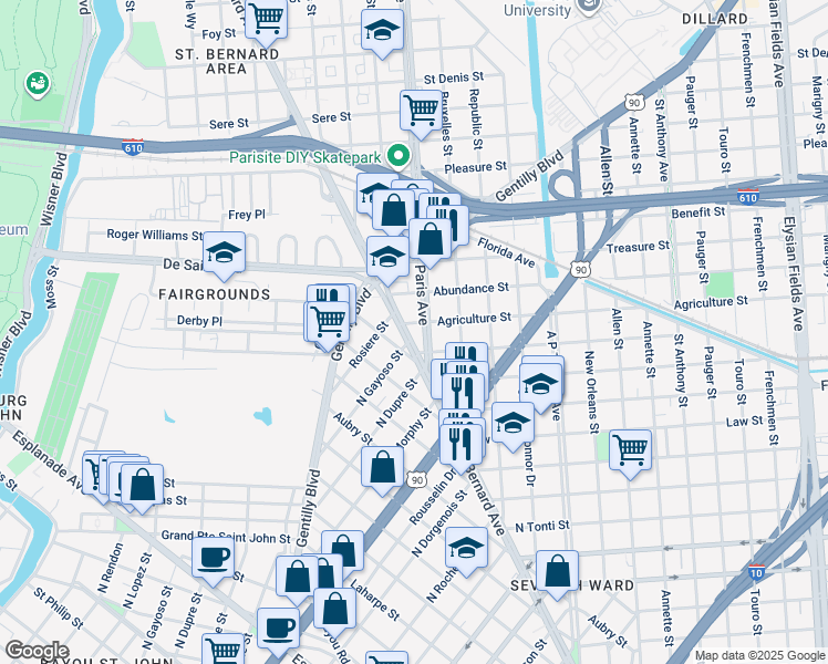 map of restaurants, bars, coffee shops, grocery stores, and more near 2829 Saint Bernard Avenue in New Orleans