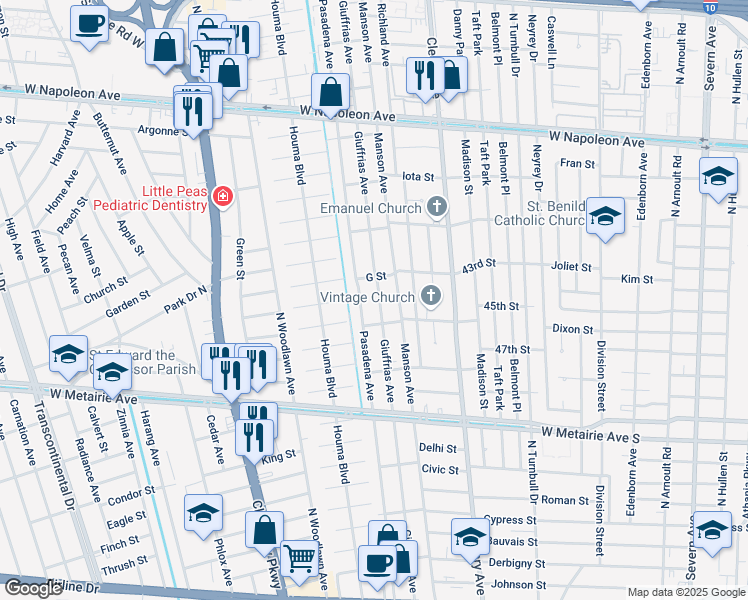 map of restaurants, bars, coffee shops, grocery stores, and more near 1400 Giuffrias Avenue in Metairie