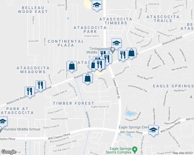 map of restaurants, bars, coffee shops, grocery stores, and more near 12227 Glen Crossing Circle in Humble