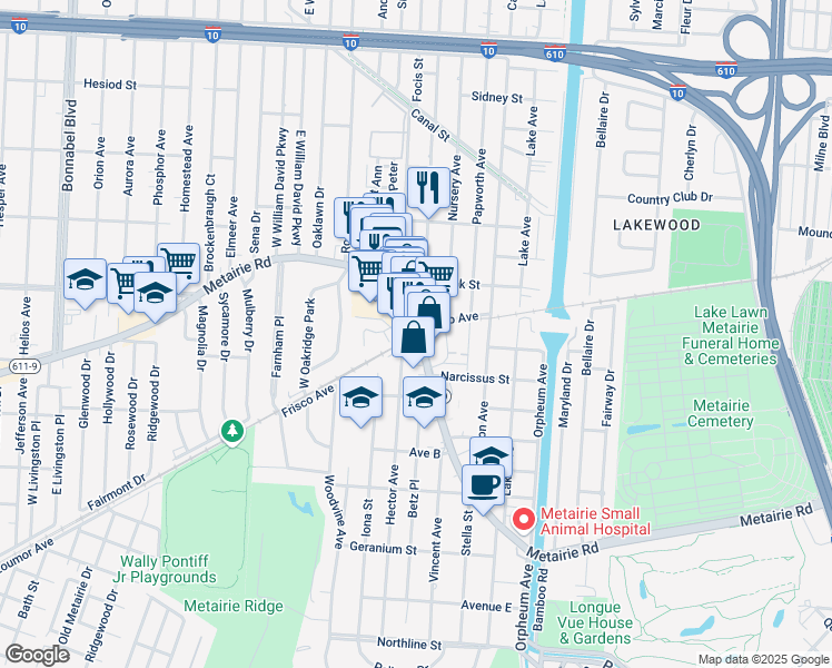 map of restaurants, bars, coffee shops, grocery stores, and more near 523 Metairie Road in Metairie