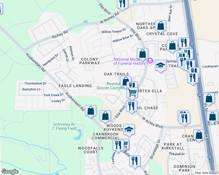 map of restaurants, bars, coffee shops, grocery stores, and more near 822 Grand Plains Drive in Houston