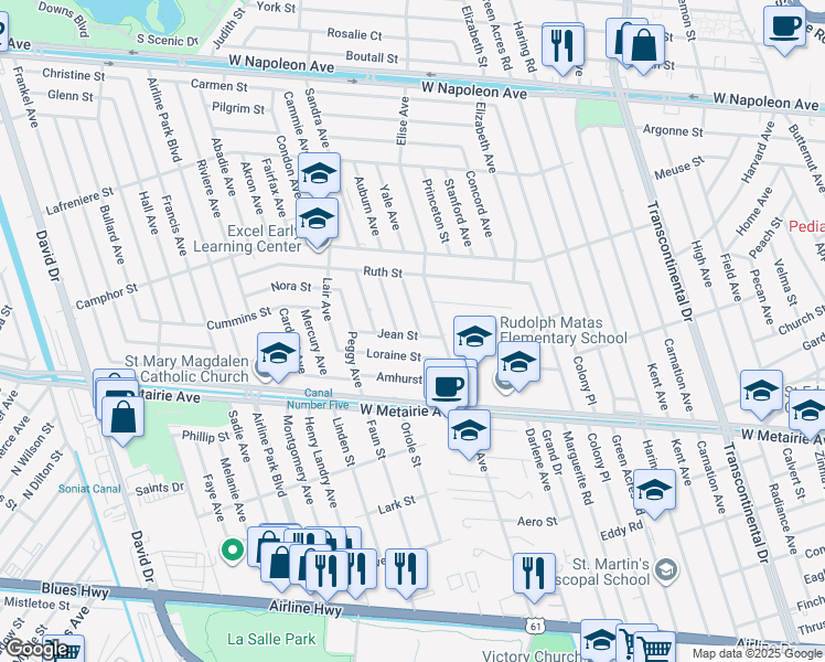 map of restaurants, bars, coffee shops, grocery stores, and more near 1200 Lucille Avenue in Metairie