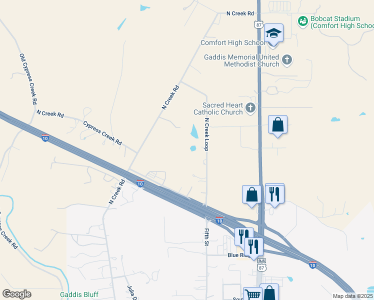 map of restaurants, bars, coffee shops, grocery stores, and more near 19 N Creek Loop in Comfort