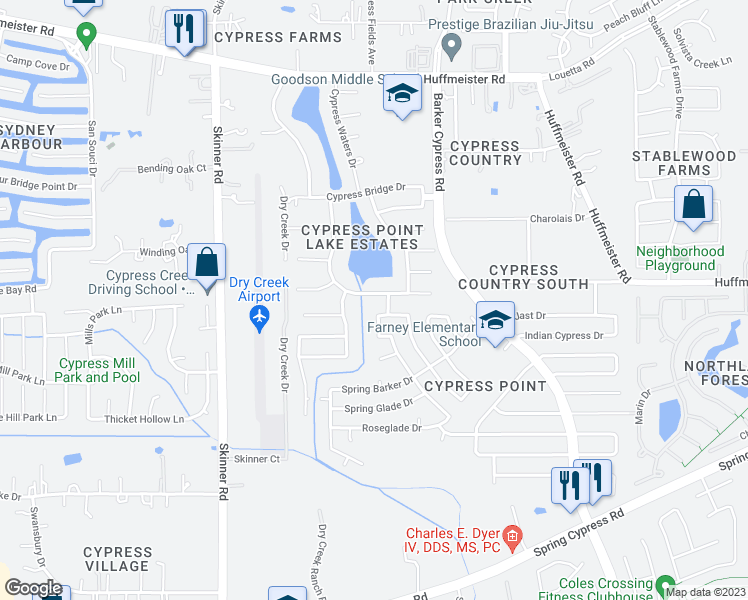 map of restaurants, bars, coffee shops, grocery stores, and more near 16611 Cypress Downs Drive in Cypress