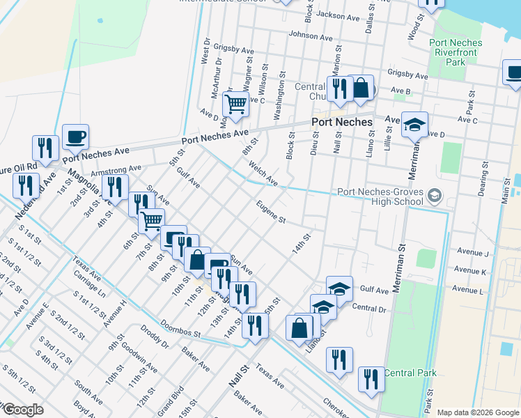 map of restaurants, bars, coffee shops, grocery stores, and more near 1833 Live Oak Street in Port Neches