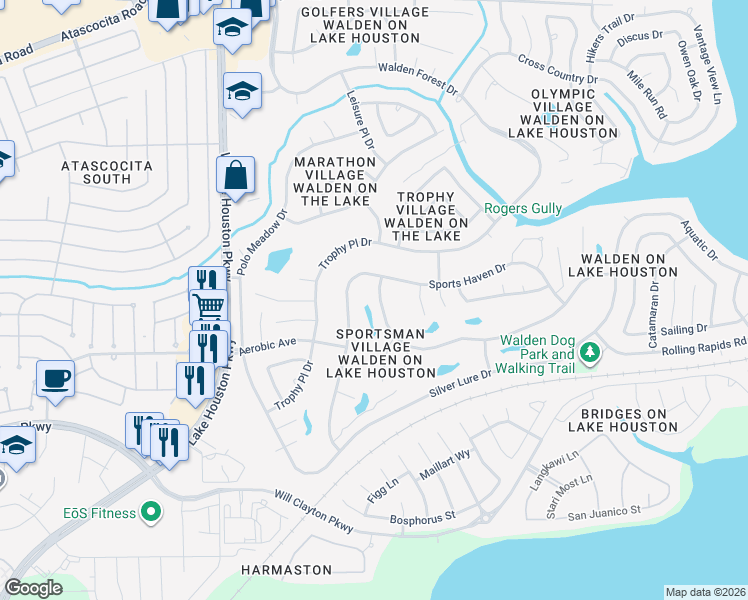 map of restaurants, bars, coffee shops, grocery stores, and more near 8018 Malardcrest Drive in Humble