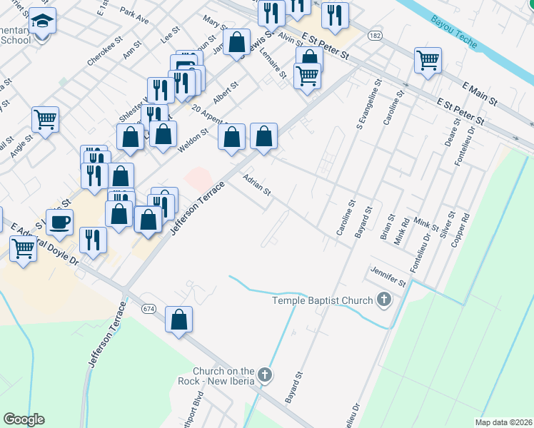 map of restaurants, bars, coffee shops, grocery stores, and more near 607 Peach Street in New Iberia