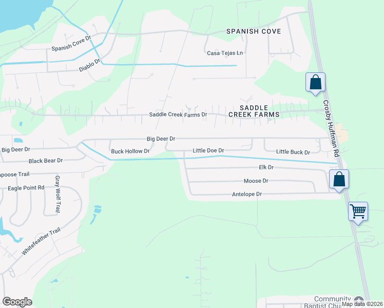 map of restaurants, bars, coffee shops, grocery stores, and more near 807 Little Doe Drive in Crosby
