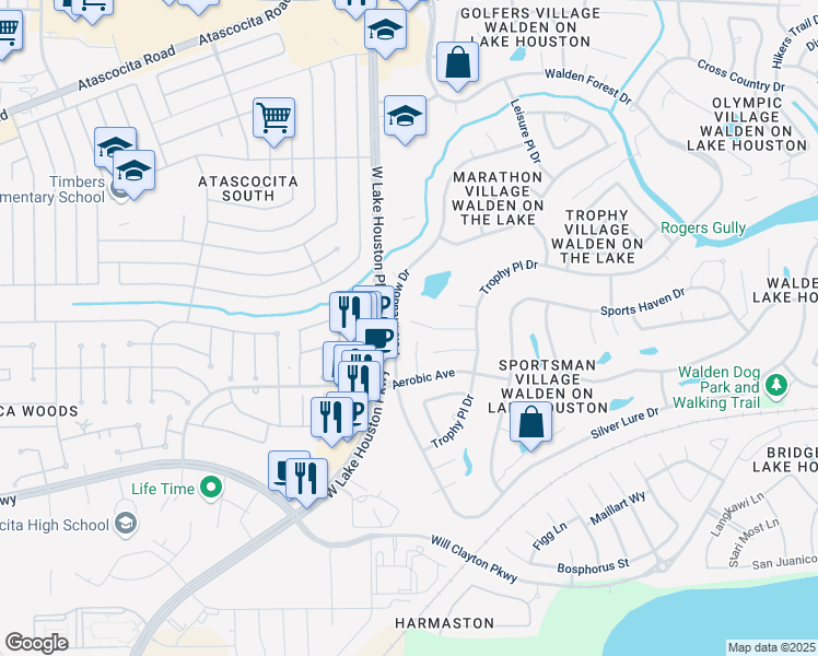 map of restaurants, bars, coffee shops, grocery stores, and more near 7518 Tumbling Road in Humble