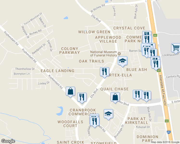 map of restaurants, bars, coffee shops, grocery stores, and more near 802 Grand Plains Drive in Houston