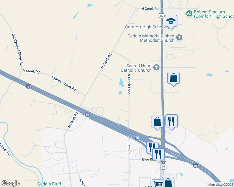 map of restaurants, bars, coffee shops, grocery stores, and more near 19 North Creek Loop in Comfort