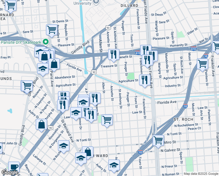map of restaurants, bars, coffee shops, grocery stores, and more near 1933 Industry Street in New Orleans