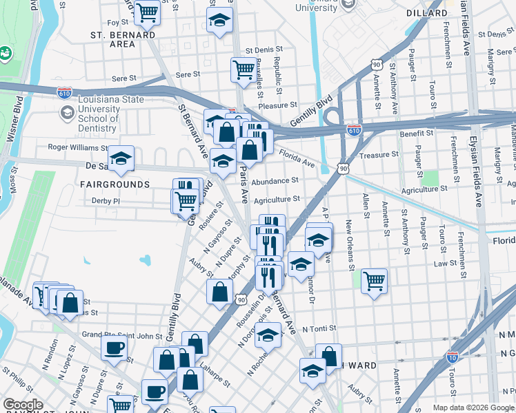 map of restaurants, bars, coffee shops, grocery stores, and more near 1622 Agriculture Street in New Orleans