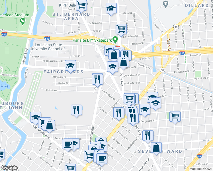 map of restaurants, bars, coffee shops, grocery stores, and more near 3010 Serantine Street in New Orleans