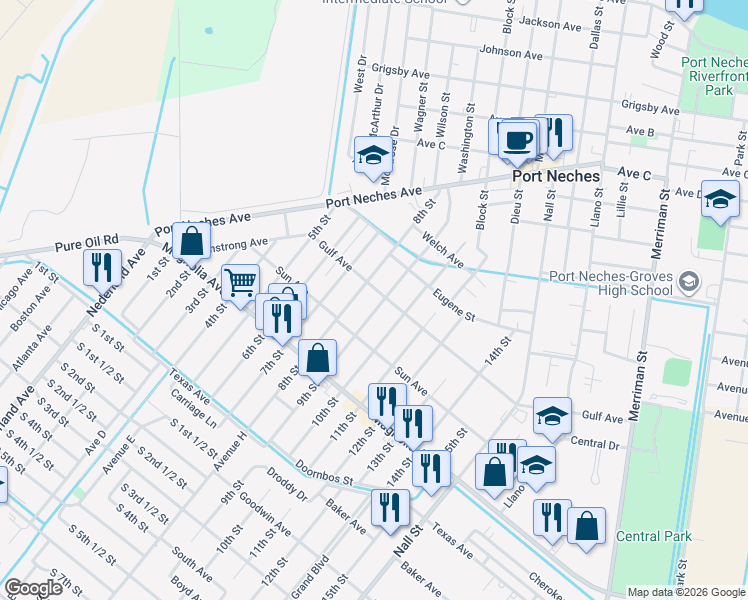 map of restaurants, bars, coffee shops, grocery stores, and more near 2009 9th Street in Port Neches
