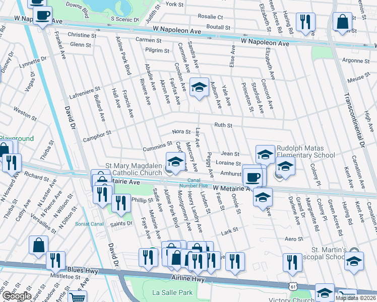 map of restaurants, bars, coffee shops, grocery stores, and more near 1201 Cardinal Avenue in Metairie