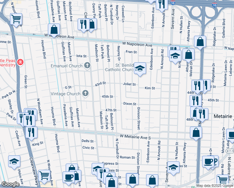 map of restaurants, bars, coffee shops, grocery stores, and more near 1401 Belmont Place in Metairie