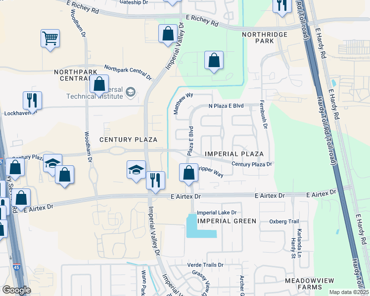 map of restaurants, bars, coffee shops, grocery stores, and more near 931 Century Plaza Drive in Houston
