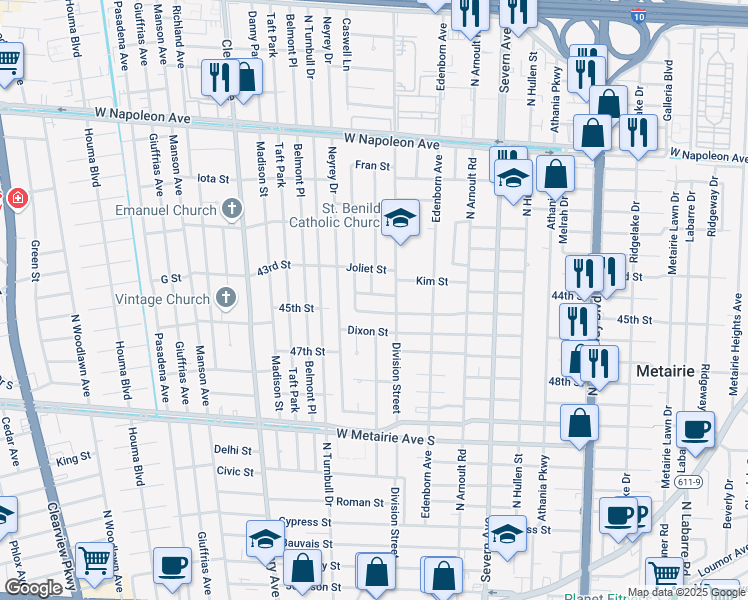 map of restaurants, bars, coffee shops, grocery stores, and more near 3745 Barbara Drive in Metairie