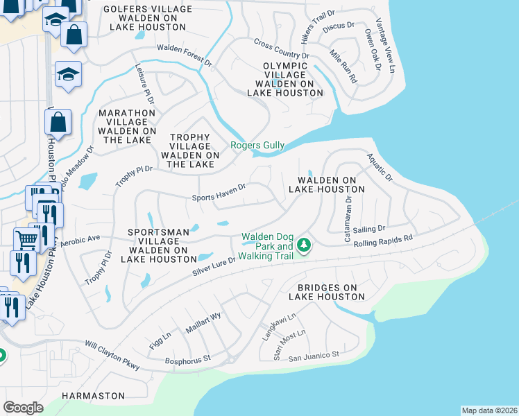 map of restaurants, bars, coffee shops, grocery stores, and more near 8523 Malardcrest Drive in Humble