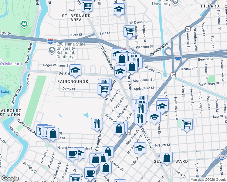 map of restaurants, bars, coffee shops, grocery stores, and more near 3010 Serantine Street in New Orleans
