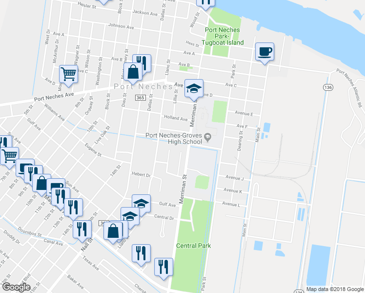 map of restaurants, bars, coffee shops, grocery stores, and more near 1701 Green Oaks Drive in Port Neches