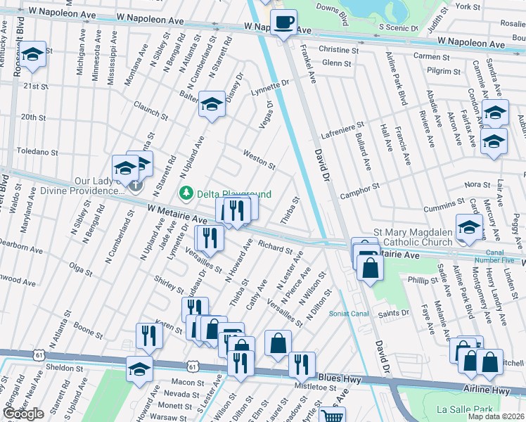 map of restaurants, bars, coffee shops, grocery stores, and more near 917 Richmond Drive in Metairie