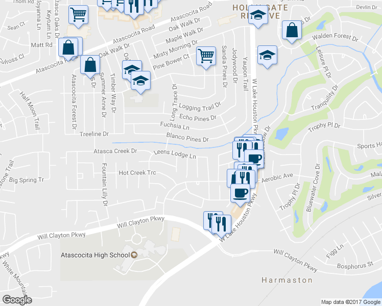 map of restaurants, bars, coffee shops, grocery stores, and more near 7306 Leens Lodge Lane in Humble