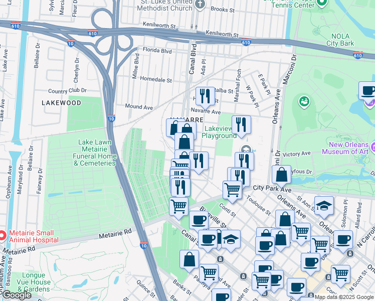 map of restaurants, bars, coffee shops, grocery stores, and more near 5303 Canal Boulevard in New Orleans