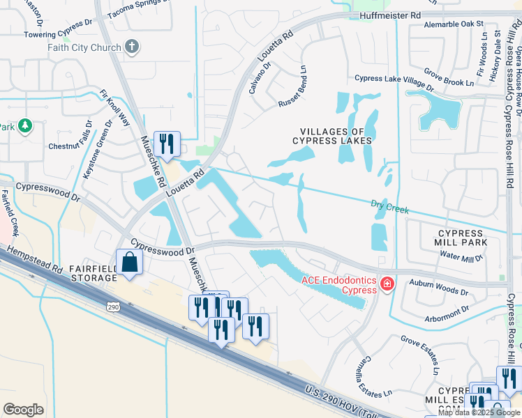 map of restaurants, bars, coffee shops, grocery stores, and more near 18807 Oriole Point Court in Cypress