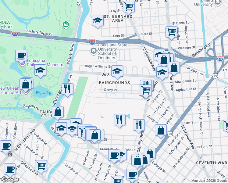 map of restaurants, bars, coffee shops, grocery stores, and more near 3408 Derby Place in New Orleans
