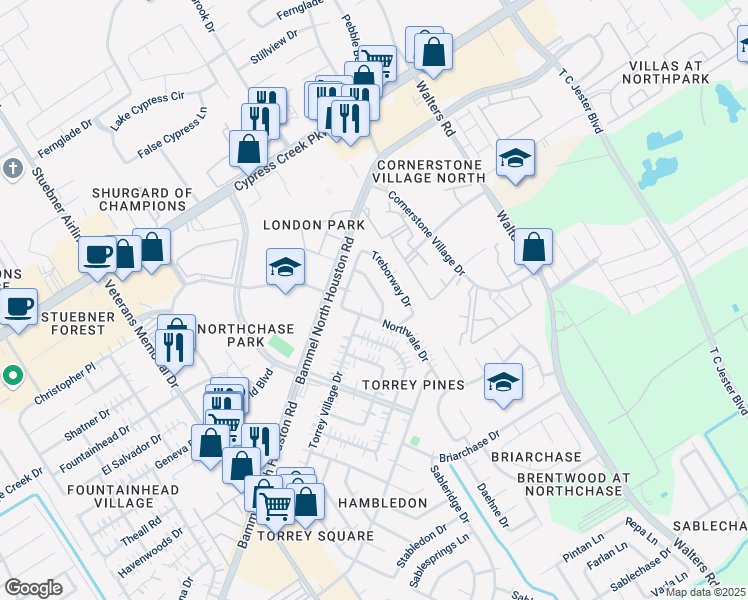 map of restaurants, bars, coffee shops, grocery stores, and more near 14606 Torrey Village Drive in Houston