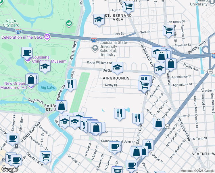 map of restaurants, bars, coffee shops, grocery stores, and more near 3413 Belfort Avenue in New Orleans