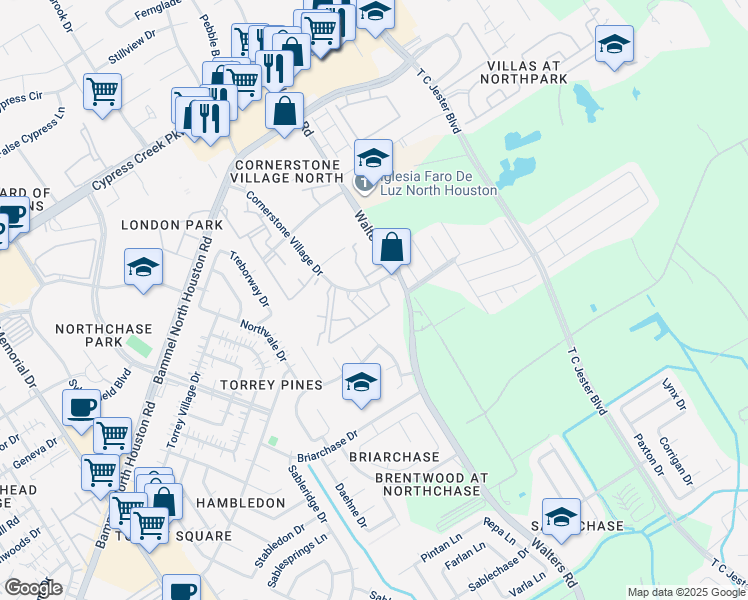 map of restaurants, bars, coffee shops, grocery stores, and more near 13968 Bentpath Drive in Houston