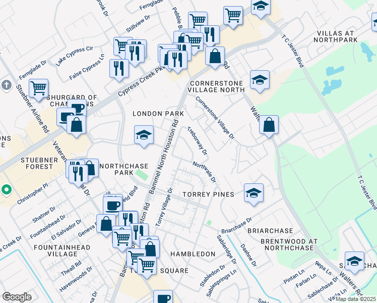 map of restaurants, bars, coffee shops, grocery stores, and more near 14606 Torrey Village Drive in Houston