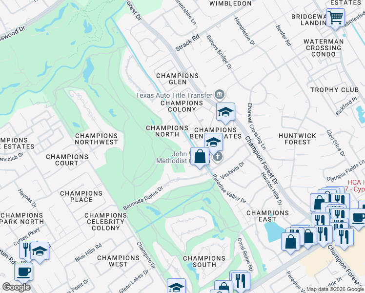 map of restaurants, bars, coffee shops, grocery stores, and more near 5910 Masters Drive in Houston