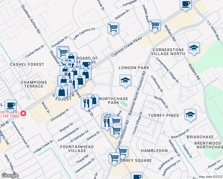 map of restaurants, bars, coffee shops, grocery stores, and more near 14550 Torrey Chase Boulevard in Houston