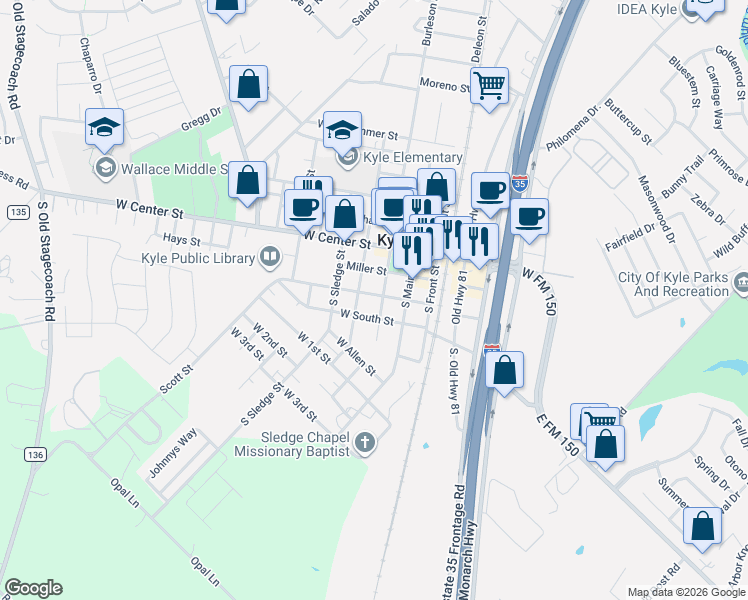map of restaurants, bars, coffee shops, grocery stores, and more near 310 South Burleson Street in Kyle